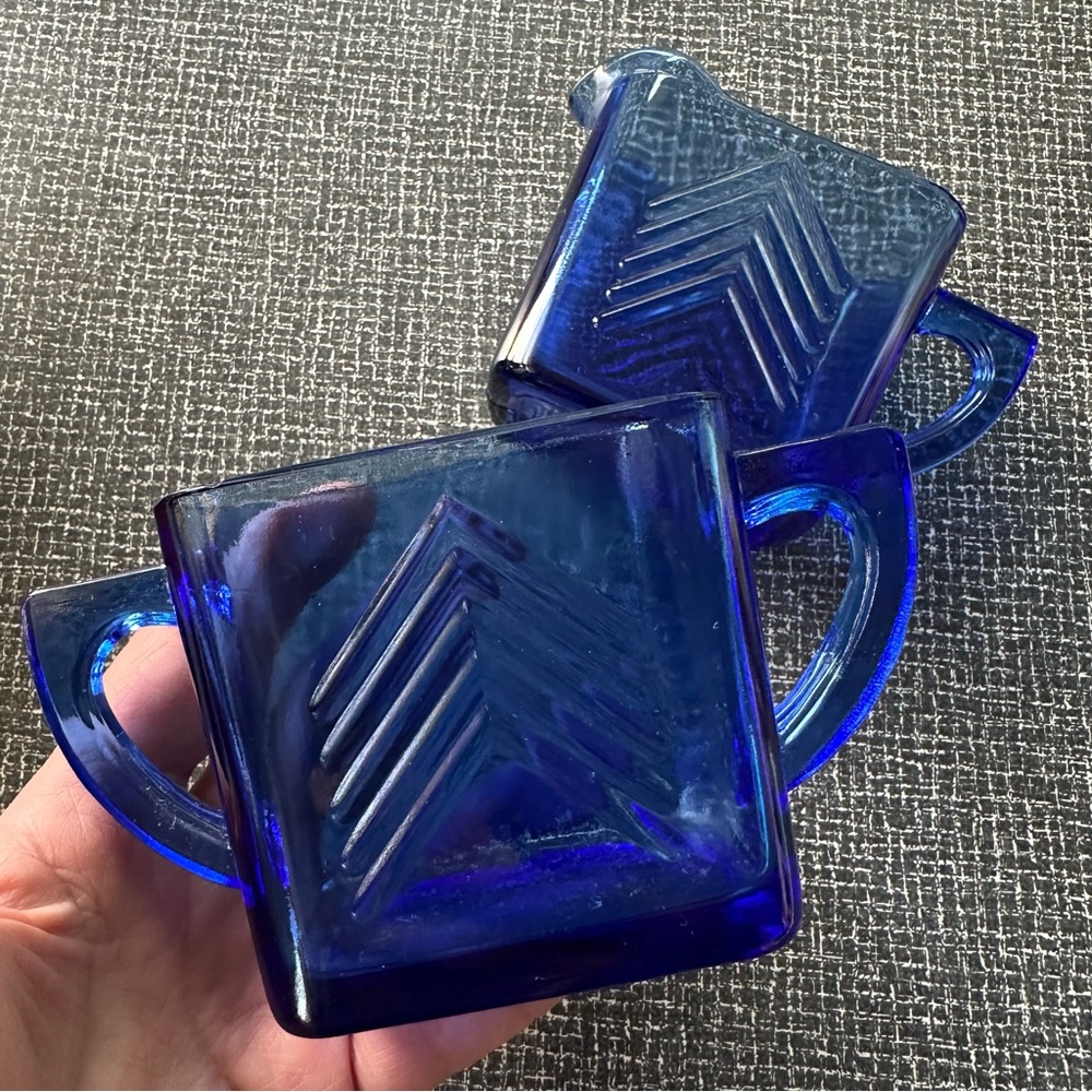 Vintage Hazel Atlas Chevron Cobalt Blue Creamer and Sugar Set